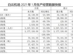 白云機(jī)場(chǎng)1月旅客吞吐量同比下降43.84%